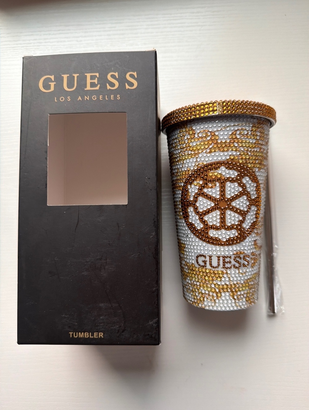 NIB Guess Los Angeles Rhinestone Tumbler with Straw - Gold and White